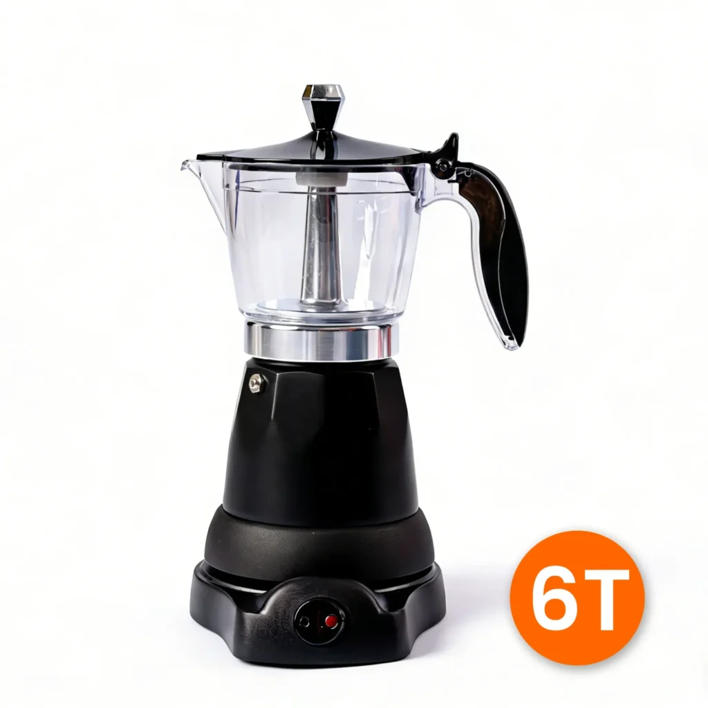 Cafetera moka eléctrica de color negro para 6 tazas, con jarra superior transparente, base con interruptor de encendido y mango ergonómico, aislada sobre fondo blanco.