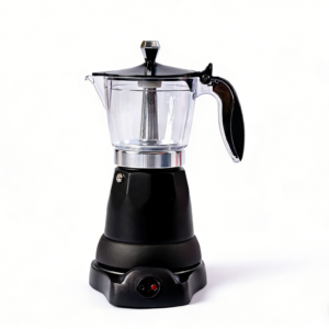 Cafetera moka eléctrica de color negro mate con jarra superior transparente, base de calentamiento con interruptor de encendido y mango ergonómico, aislada sobre fondo blanco.