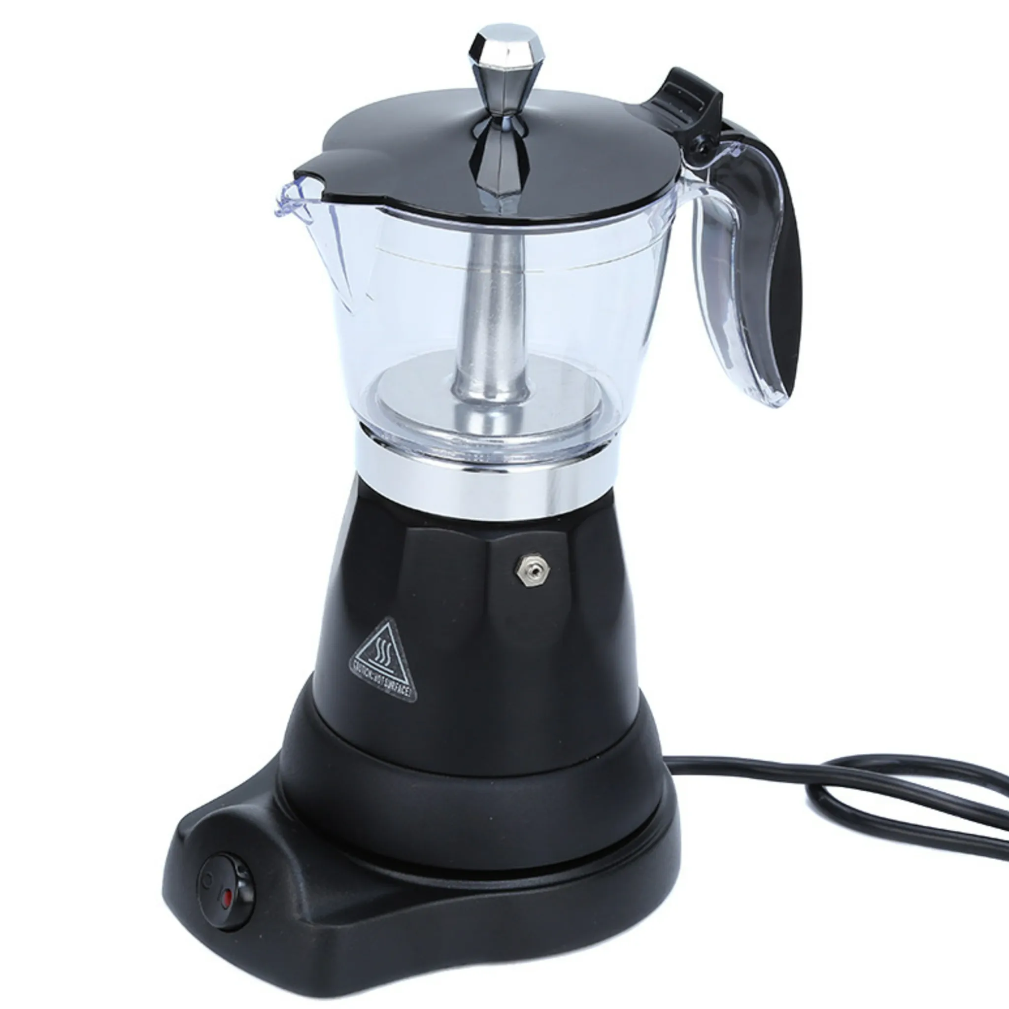 Cafetera moka eléctrica de color negro con jarra transparente, base con interruptor de encendido rojo, cable de alimentación y etiqueta de advertencia de superficie caliente, aislada sobre fondo blanco.