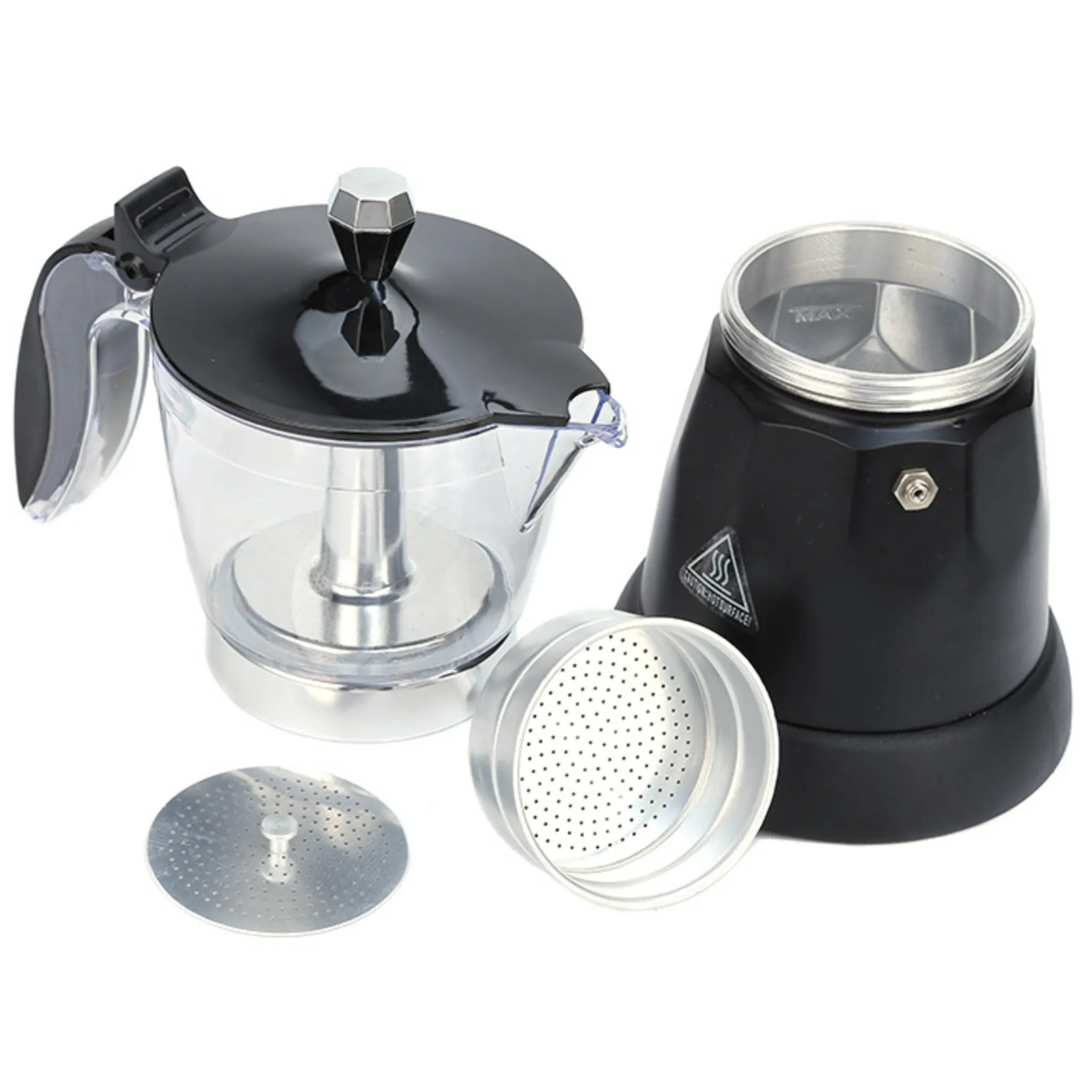 Cafetera moka eléctrica desarmada en sus piezas principales: jarra transparente con tapa negra, base de calentamiento negra con marca de llenado máximo, embudo de filtro y placa de filtro metálica, sobre fondo blanco.