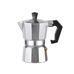 Cafetera moka italiana de aluminio plateado con diseño octogonal tradicional, mango y pomo de baquelita negra, aislada sobre fondo blanco.