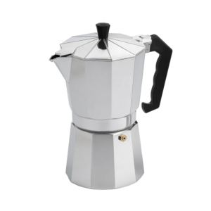 Cafetera moka clásica de aluminio con acabado pulido, mostrando la válvula de seguridad de latón, el mango ergonómico negro y la tapa octogonal, sobre fondo blanco.