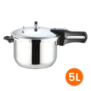 Olla de presión de acero inoxidable con acabado espejo, tapa de cierre hermético, válvula de seguridad central y mangos de baquelita negra, aislada sobre fondo blanco.