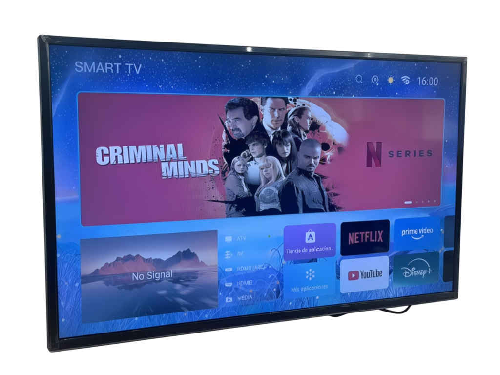Smart TV de marco negro en ángulo, mostrando una interfaz con publicidad de 'Criminal Minds' y accesos directos a Netflix, YouTube, Disney+ y Prime Video, aislada sobre fondo blanco.