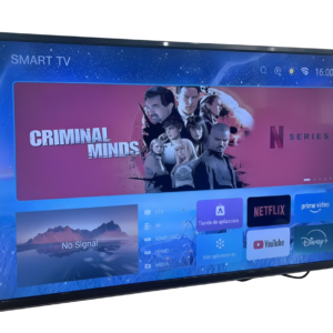 Smart TV de marco negro en ángulo, mostrando una interfaz con publicidad de 'Criminal Minds' y accesos directos a Netflix, YouTube, Disney+ y Prime Video, aislada sobre fondo blanco.